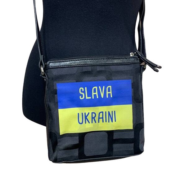 Upcycled Hand Printed Ukraine Flag Slava Ukraini Artist Fundraiser Crossbody Bag - Picture 1 of 6